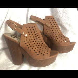 G by guess tan platform wedge perforated sandals